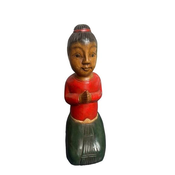 Wooden Praying Indonesian Thai Asian Sawasdee Praying Woman Vintage - Picture 1 of 5